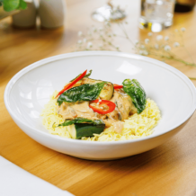 Thai Red Courgette Curry, Fresh Basil & Saffron Rice